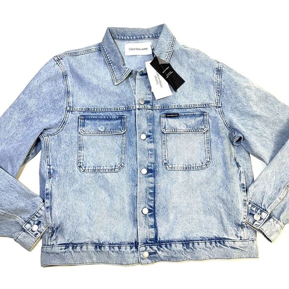 Calvin Klein Men's Stonewash Utility Trucker Jacket Fontaine CK Size Large NWT - Picture 1 of 10